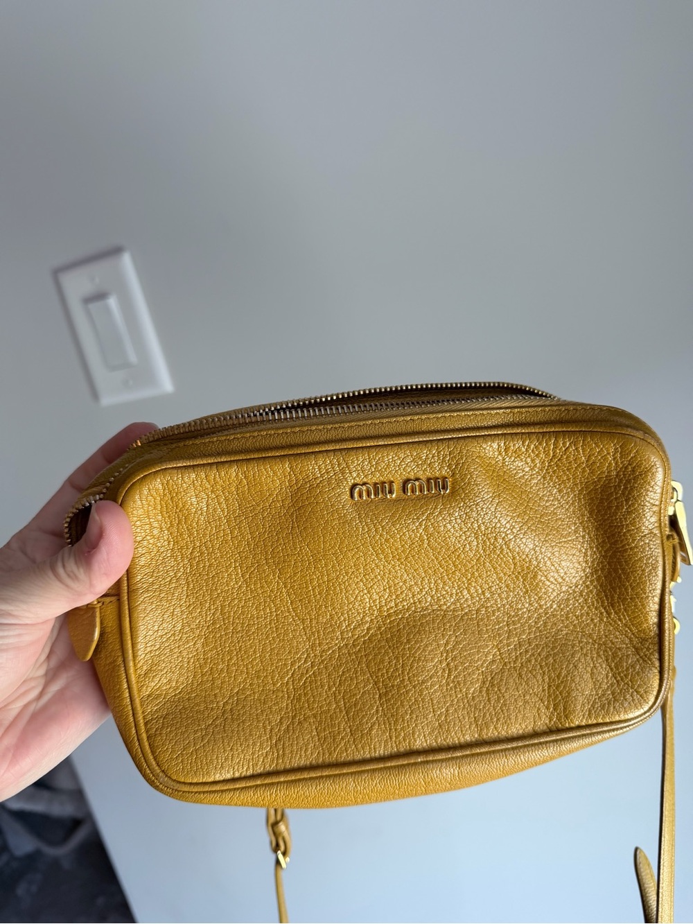 Miu Miu Mustard Double Zip Camera Crossbody Bag